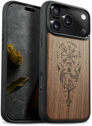 Carveit Holz Cover für iPhone 17 Pro, Nussbaum-Wikingerkompass | Handyhulle kompatibel MagSafe Massivholz für iPhone 17 Pro Handyhülle Stoßstange Weich TPU Case