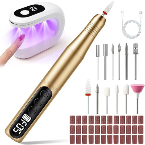 Nail Drill Cordless,Electric Nail File 12 in 1 UV Nail Lamp,4 Speeds and LCD Display,20000RPM, Nail Drill Machine Professional Portable Rechargeable File for Gel Acrylic Manicure Pedicure Set