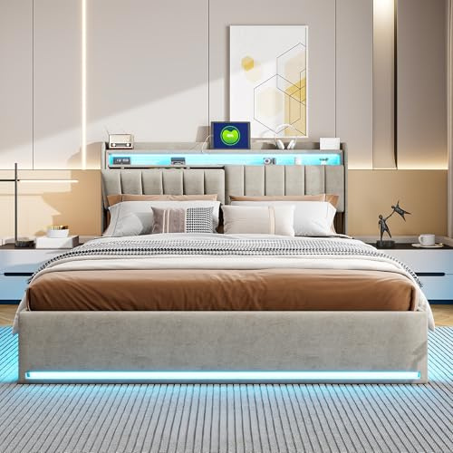BRYXR 140 x 200 cm Polsterbett mit LED-Kopfteil, Doppelbett mit USB und Lattenrost, Hydraulischem Stauraum und Metallrahmen, Jugendbett, Graues Samt Bett (ohne Matratze)