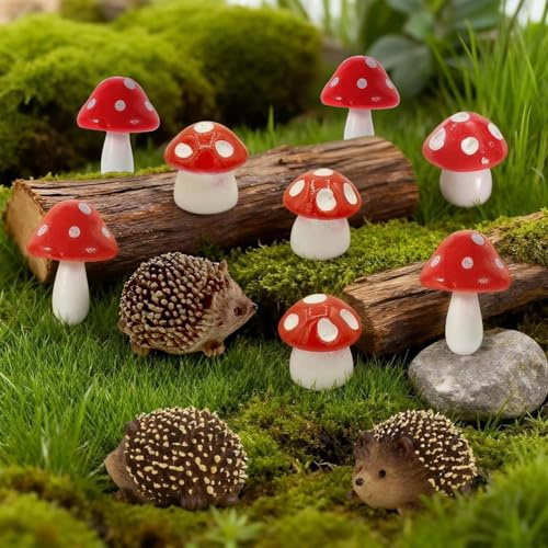 XSJIJKAG 11 Stück Feengarten Dekoration Zubehör, Miniatur Igel Pilz Figuren Set, Gartenlandschaft Mini Deko, Tiere Harz Ornamente, Pflanze Bonsai Handwerk, Heimdekoration Geschenk