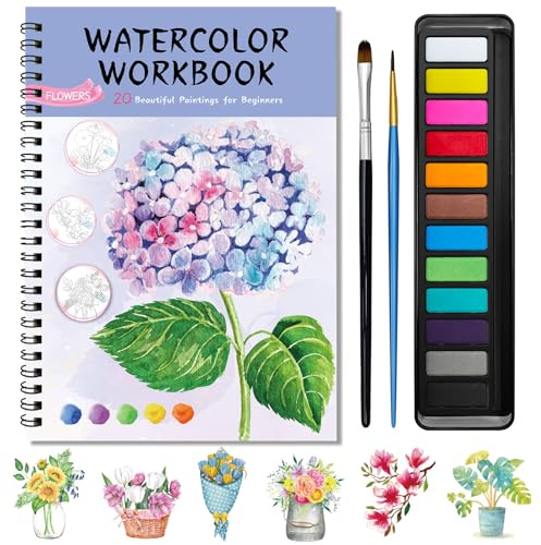 Kalysky Kit Aquarelle Debutant, Coloriage Aquarelle Adulte avec 12 Peinture | Livre d'aquarelle avec 12 Peintures de Couleur, avec 2 Pinceaux pour Débutants, Anti-Stress Livre Coloriage Adulte Cadeau