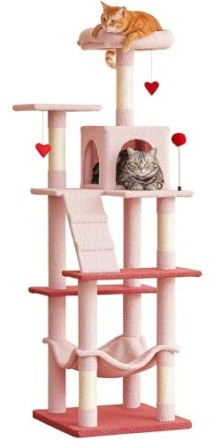 Quuzee Rosa Kratzbaum, 163 cm Mehr-Ebenen-Turm für Wohnungskatzen mit Sisal-Kratzpfosten, gepolsterter Liegefläche, gemütlicher Hängematte und Spielzeug zum Jagen