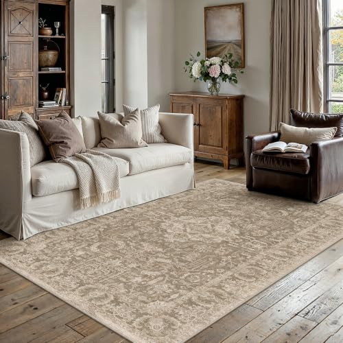 PureCozy Taupe Teppich Wohnzimmer 120x170cm Vintage Waschbarer | Groß,Waschbarer Teppich Wohnzimmer, Rutschfest, Geeignet Für Schlafzimmer, Esszimmer,Büro