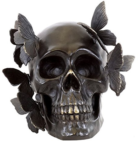 Martin Klein Moderne Kunst Skulptur - Schädel Bronze mit Schmetterlingen - Signiert - Bronzefigur - Skull - Tattoo - Schwarz
