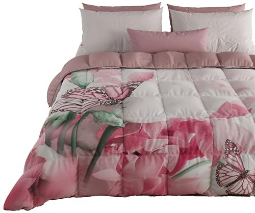 PETTI Artigiani Italiani - Trapunta Matrimoniale Invernale, Piumone Matrimoniale, Trapunta Double Face Tinta Unita e Stampa Digitale Roses Butterfly, Made in Italy