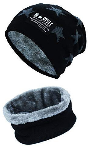 Momoon Dicke Beanie Hut +Schal Set Winter Warmen Schnee Knit Skull Cap für Kinder Jungen Mädchen(Suitable for 6-14 one size(fit teenager 6-14), Stern Schwarz)