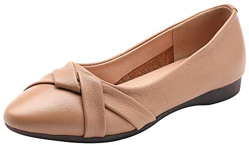 rismart Women's Leather Ballet Pumps Slip on Low Wedge Comfortable Work Shoes SN02549(Brown,6.5 UK)