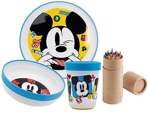 Official Mickey Mouse 3Pcs Coloured Premium Micro Dining Set - Plate, Bowl and Tumbler Dinnerware Set for Children