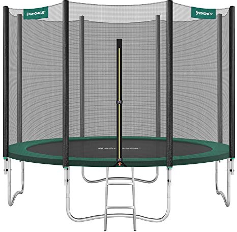 SONGMICS Trampolin Ø 305 cm, Gartentrampolin für Kinder mit Sicherheitsnetz, Randabdeckung, Leiter, 180 cm hohe gerade Stangen, Stahlrahmen, dunkelgrün STR10GN