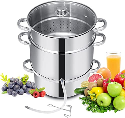 FANTASK 11 Quart Dampfentsafter, Nudeltopf mit Deckel aus gehärtetem Glas, Schlauch, Klemme, sicherer Schlaufengriff, einfach zu bedienen, Edelstahl-Dampfgarer Topf zum Kochen von Obst und Gemüse,