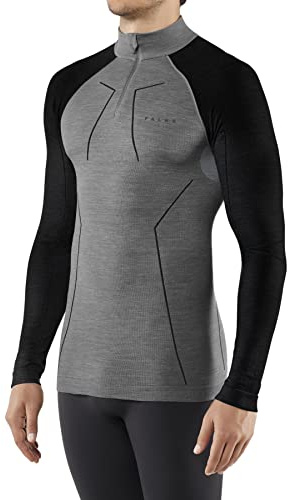 FALKE Herren Baselayer-Shirt Wool-Tech High Zip Neck M L/S SH Wolle Schnelltrocknend 1 Stück, Grau (Black Grey Melange 3118), M