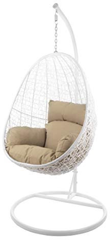 Kideo Komplettset: Hängesessel mit Gestell & Kissen, Korbsessel, Poly-Rattan (Gestell- und Korbfarbe: weiß, Kissen: Hellbraun Nest (7007_capucchino))