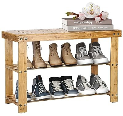 Holdfiturn Shoe Rack, 3 Tier Bamboo Shoe Bench Shoe Racks Storage Stand Shelf Organizer with Seat, 8 Pair of Shoes 26 x 17 x 10 in - Plant Rack for Corridor,Living Room, Bathroom, Bedroom or Hallway