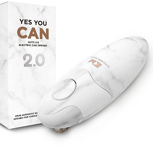 Kitchen Mama Auto 2.0 Electric Can Opener : Refined Blade Opens Almost Any Cans - Automatic, Hands Free, Smooth Edge, Food-Safe, Battery Operated, YES You CAN (Marble White)