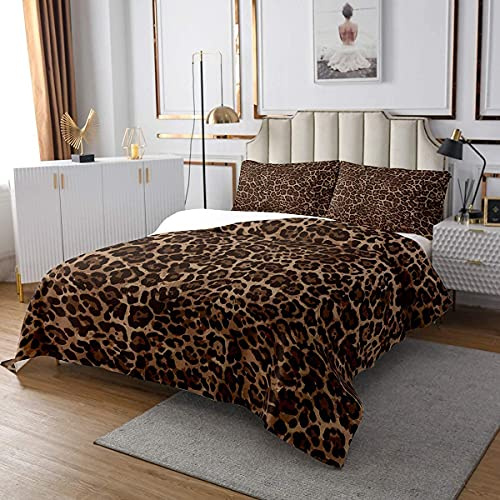 Homewish Leopard Print Bettdecke 240x260 Gepard Bettwäsche Set Geometrische Tagesdecke Wildlife Tiere Bettdecke für Kinder Jungen Teens Männer Schlafzimmer Dekorativ,Braun Bettwäsche Kollektion