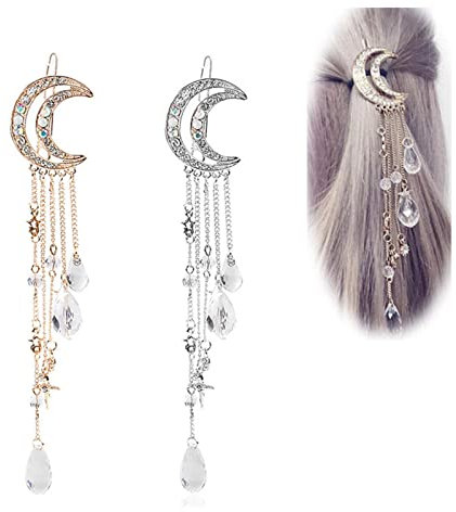 Andelaisi Boho Moon Fermaglio per capelli con nappe in cristallo, a mezzaluna con strass per capelli, per donne e ragazze, accessorio per capelli (oro)