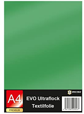 Evo Ultraflock Textilfolie für Plotter 33 Farben Flockfolie im Din A4 Format 30x20cm Plotterfolie für Stoff Kleidung T-Shirt Flock Folie Zubehör (1 Bogen, 022 Grün)