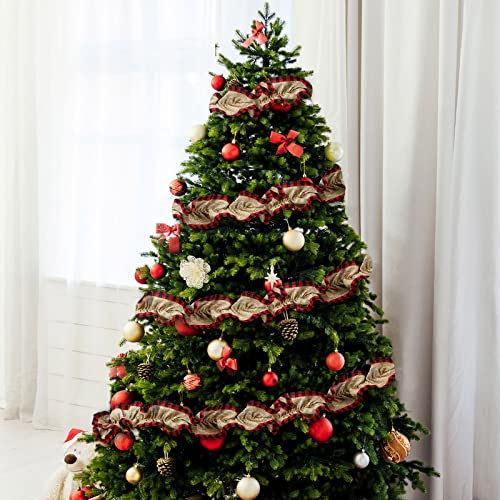 Weihnachtsbaum Rustikale Jute-Girlande Rustikale Bastelband Girlande Jute Bauernhaus Bräune Girlande für Urlaub Xmas Tree Dekoration, 9 Fuß (7,9 cm breit, schwarz-rotes, rustikales Muster)