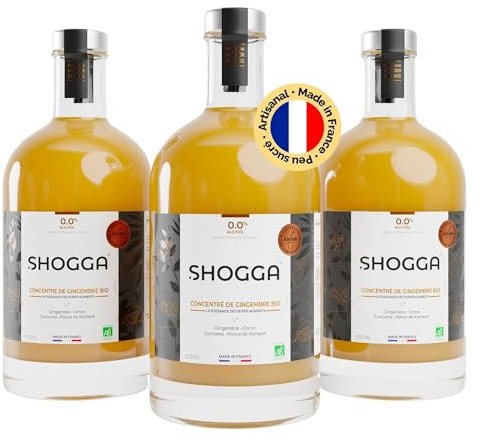 SHOGGA | Jus de gingembre bio | Made in France | Boisson premium sans alcool | 12 super-aliments : gingembre frais pressé à froid, citron, curcuma, poivre de Kampot, herbes et épices (3 x 500 ml)
