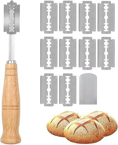 Kiuiom Cuchillo para Pan,Masa Cuchillo,Herramienta de Corte de Pan, Cuchillo de Panadero con 10 Cuchillas de Afeitar para Pan Masa Hornear Cocina Bricolaje Acero Inoxidable de Corte de Pan