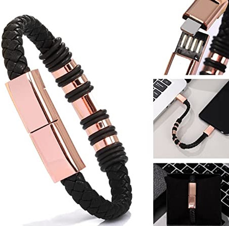 GIZTAT 2PCS Charging Bracelet,USB Charger Bracelet Fashion Wrist Data Charger Cord Leather Cuff Band for iPhone Lightning/Type C/Mirco (Color : Rose-Gold, Size : iPhone Lightning-8.9)
