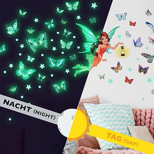 WandSticker4U®- 71 tlg. Wandtattoo Mädchen FEE & SCHMETTERLING leuchtend I Leuchtende Wandsticker Fee Leuchtsterne selbstklebend I Leuchtaufkleber Kinderzimmer Leuchtsticker Mädchen