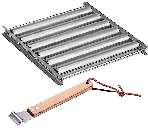 Hot Dog Roller Edelstahl BBQ Griller, Hot Dog Roller Edelstahl Wurst Roller Rack mit extra langem Holzgriff, BBQ Hot Dog Griller für gleichmäßig gekochte Hot Dogs, 5 Hot Dog Kapazität