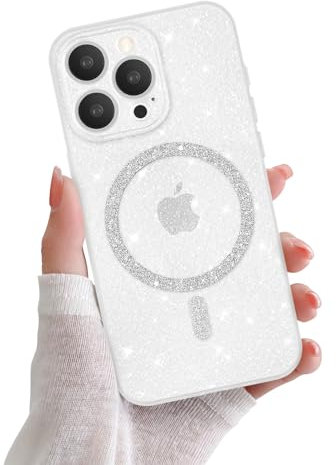 Newseego Glitter Clear iPhone 15 Pro Case for Girls Women [Compatible for MagSafe], Magnetic Phone Case Cute Sparkly Bling Slim Shockproof Camera Protection Bumper Cover for iPhone 15 Pro-White