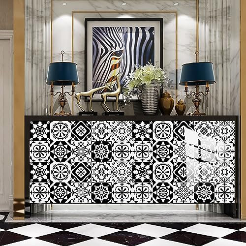 Adesivi Murali Mandala Bianco Nero Pavimento PVC Adesivo Piastrelle Adesive Cucina Impermeabile Adesivi Murali Cucina Durevole Piastrelle Adesive Paraschizzi Cucina Adesivo 10x10cm/10 Pcs