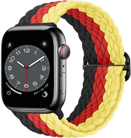Nepfaivy Geflochtenes Armband Kompatibel mit Apple Watch Armband 45mm 44mm 46mm 49mm 42mm für Damen Herren, Nylon Elastisches Band für iWatch Series 10/9/8/Ultra/SE/7/6/5/4/3/2/1, Schwarz-Rot-Gelb