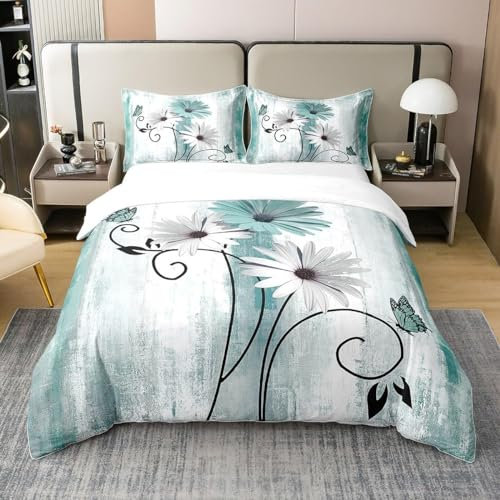 Bettwäsche, 220 x 240 cm, 100 % natürliche Baumwolle, Bettbezug Blaugrün für Frauen, romantisches Bettwäsche-Set, Gänseblümchen, Bettbezug mit Ölgemälde, Mitte des Jahrhunderts, 3-teilig