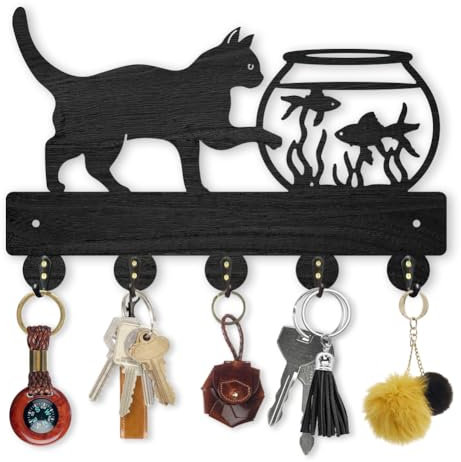 MAYJOYDIY Cat Themed Wooden Key Rack 30x19.4cm 5 Alloy Hooks Wall Mounted Hanger Wall Decorative Cat Fish Tank Holder