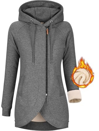 UMIPUBO Felpa Donna con Cappuccio Invernale Felpe con Zip Fodera in Pile Hoodie Sweatshirt a Manica Lunga Caldo Lungo Giacca con Tasche Cotone Termica Cappotto Pullover (Grigio Scuro, M)