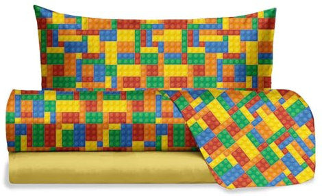 hermet Jolly - Juego de sábanas para Cama Individual, diseño de Ladrillos Lego, 100% algodón, sábana encimera + sábana Bajera + Funda de Almohada, Estampado para Dormitorio