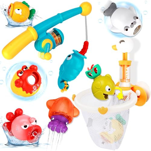 VBACALA Juguetes de Baño Bebe de 1 2 3 Años,Juguete de Bañera Juego de Pesca, Juguetes Baño con Cañas de Pescar Pistolas de Agua Red de Pesca Imán Peces Agua Juguete Niños Juguete Regalo Niña Niño