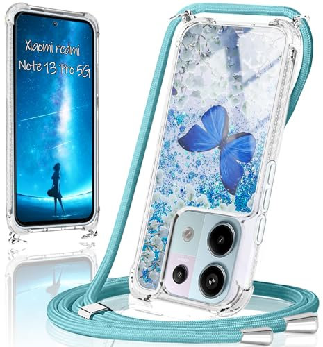 XCYYOO Handykette für Redmi Note 13 Pro Hülle mit Band,Handyhülle Redmi Note 13 Pro Glitzer Schmetterling mit Kette TPU Slim Bumper Kratzfest Transparent Stoßfest Schmetterling Schutzhülle mit Kordel