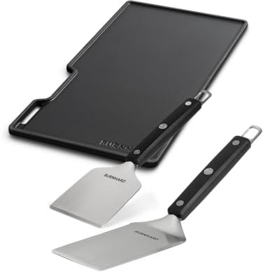 BURNHARD® Gusseisen Wendeplatte Set Earl mit 2-TLG. Grillspachtel und Grillschaber Set