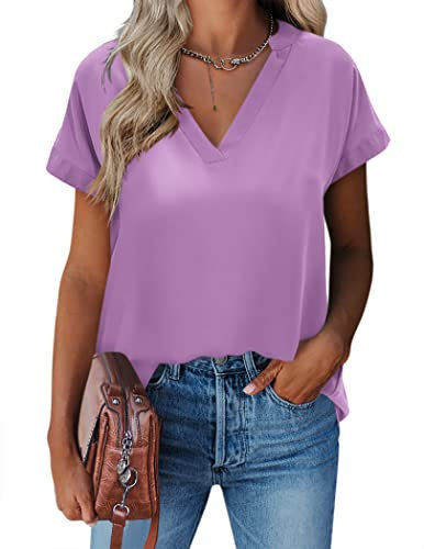 Zeagoo Bluse Damen Kurzarm Casual Einfarbig Blusen Shirt Sommer V Ausschnitt Chiffon Oberteil Top Strand Tunika Blusen Violett M