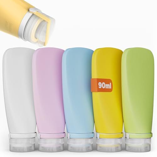 FAMOCA Lot de 5 flacons de voyage rechargeables en silicone avec fermeture de sécurité sans BPA pour homme et femme 100 ml Avec étiquettes (5 couleurs)