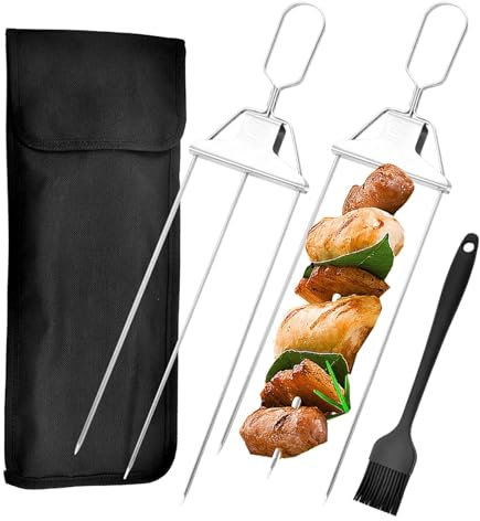 2 Stück Halbautomatische Grillgabel, 3 Wege Grillspieße, Grillgabel Edelstahl, Halbautomatische Grillgabel aus Edelstahl, Grillspieße mit Fettpinsel und Tasche, BBQ Spieße für Gartenparty, Grillparty