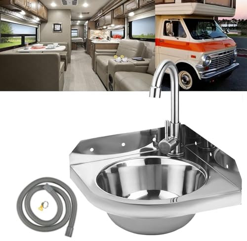 Lavabo d'angle en acier inoxydable pour camping-car, évier simple à montage mural triangulaire avec robinet d'eau, mini vanité, évier de barre de lavage des mains, idéal pour camping-car, caravane