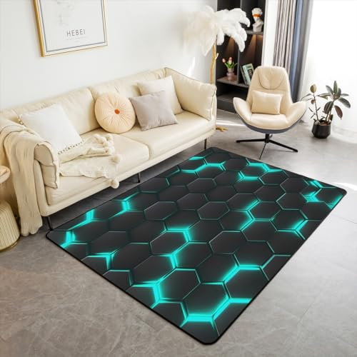 Bienenstock Hexagon Grid Area Teppich für Schlafzimmer Wohnzimmer,Geometrische Hexagon Print Teppich,Neonlicht Geometrische Honigwabe Innenbodenmatte,Schicke Wabenmuster Dekorative Teppich,150Bx200L