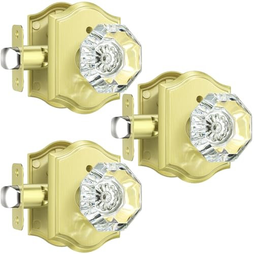 Calzibeno 3 Pack Glass Door Knobs, Octagon Crystal Gold Door Knobs, Satin Brass Crystal Doorknobs Interior with Lock for Bedroom Bathroom, Glass Brass Doorknobs Interior