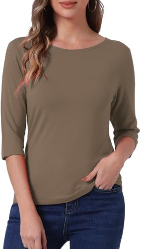 Allegra K Women Elbow Sleeves Solid Round Neck Slim Fit Tee Camel XL