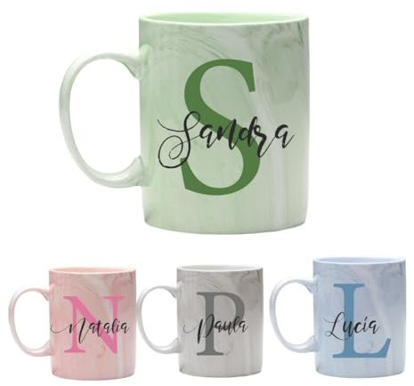 LA CASA DE LA TAZA | Taza PERSONALIZADA | Con Inicial y Nombre | 350 ml | Apta para Microondas | Taza Personalizada a Todo Color (360º) | Diseño de Mármol | Ideal para Familiares o Amigos (VERDE)