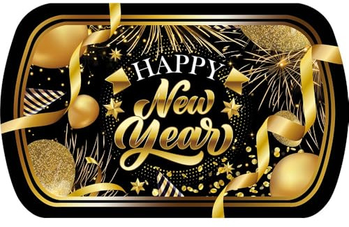 FIESTAS GUIRCA Happy New Year Tablett (39 x 24 cm), Wiederverwendbare Tischdekoration für Neujahrsfeiern, ideal für Veranstaltungen und Feiertage, Schwarz, Gold