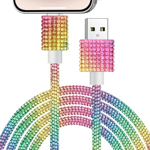 VOFUOE Bling Charging Cord USB A to Phone Cable Sparkling Diamond Charging Cable for iPhone 12 11 -Rainbow