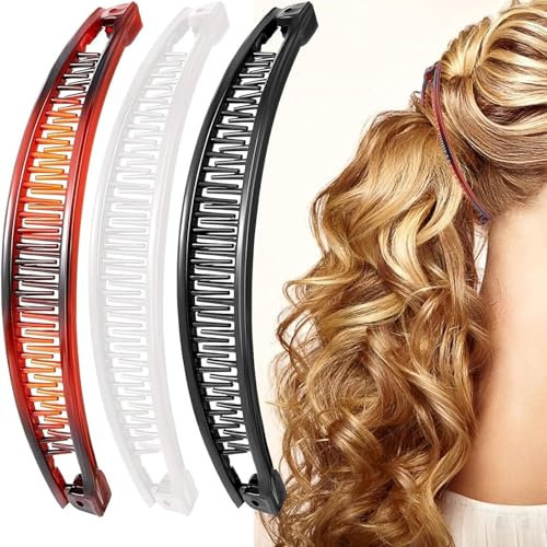 3 Stück Banana Clip,Retro Bananen Haarspange,Bananenspange Haare,Tragbar Rutschfester Bananenclip,Pferdeschwanz Haarspange für Mädchen Dünnes Dickes Haar Modische Frisuren(Schwarz,Braun,Weiß)