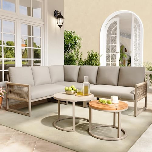 LTGB Outdoor Garden Lounge Set, Furniture Set for 6-7 People, Corner Sofa with Galvanized Iron Frame, Adjustable Legs, Includes All Seat and Back Cushions, Beige