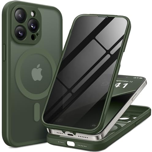 BERFY for iPhone 14 Pro Max Case, Compatible with MagSafe,Dark Green | Built-in Privacy Screen Protector, Full Camera Protection, Shockproof Full Body Translucent Matte Magnetic Phone Case 6.7